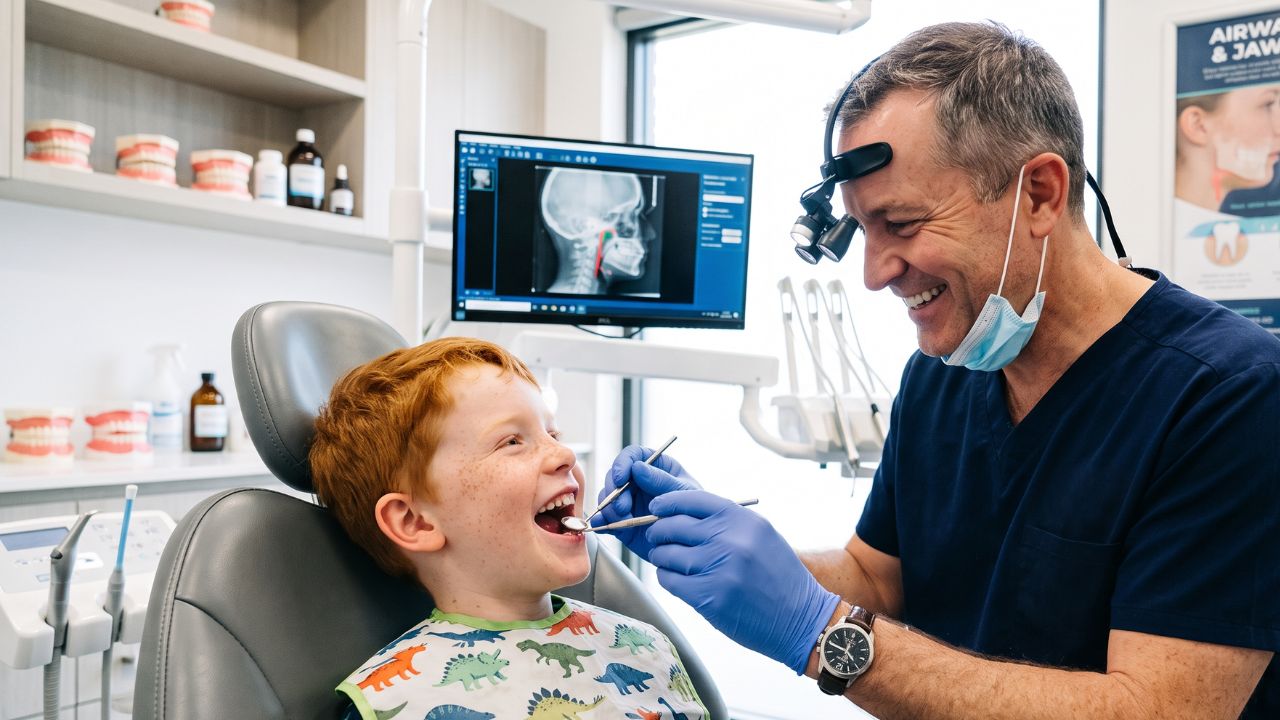airway orthodontist examining a young boy's teeth and jaw, with an airway health X-ray displayed on screen